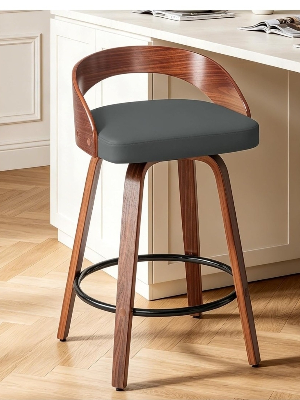 Mid-Century Modern Gray Counter Stool with Walnut Finish